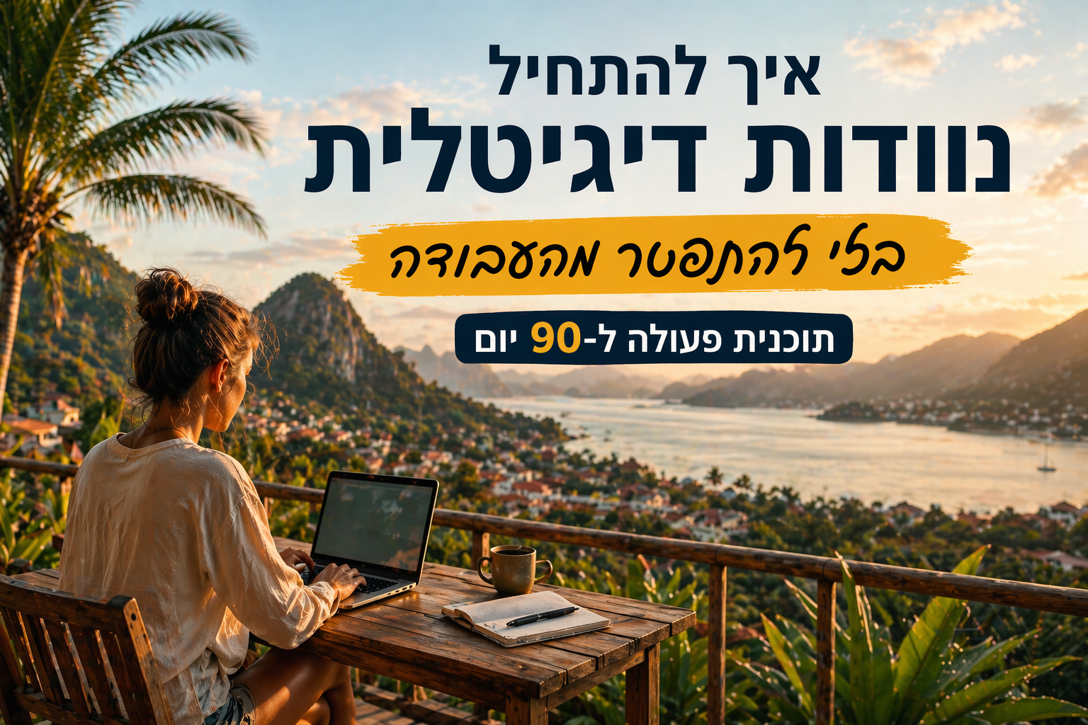אישה עובדת על מחשב נייד מול נוף טרופי ומסמלת התחלה של נוודות דיגיטלית